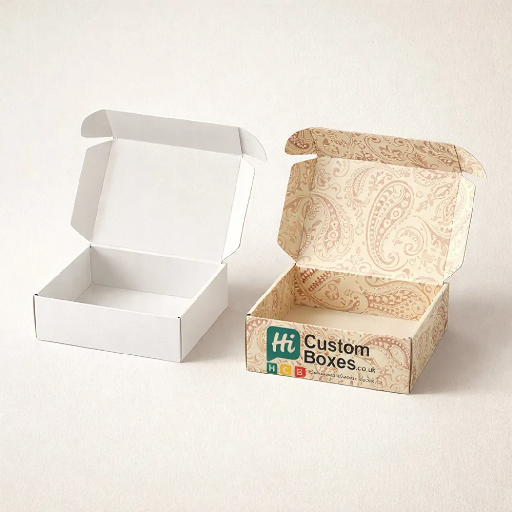 Open cardboard mailer boxes featuring a plain white interior and a detailed cream paisley printed exterior- class=